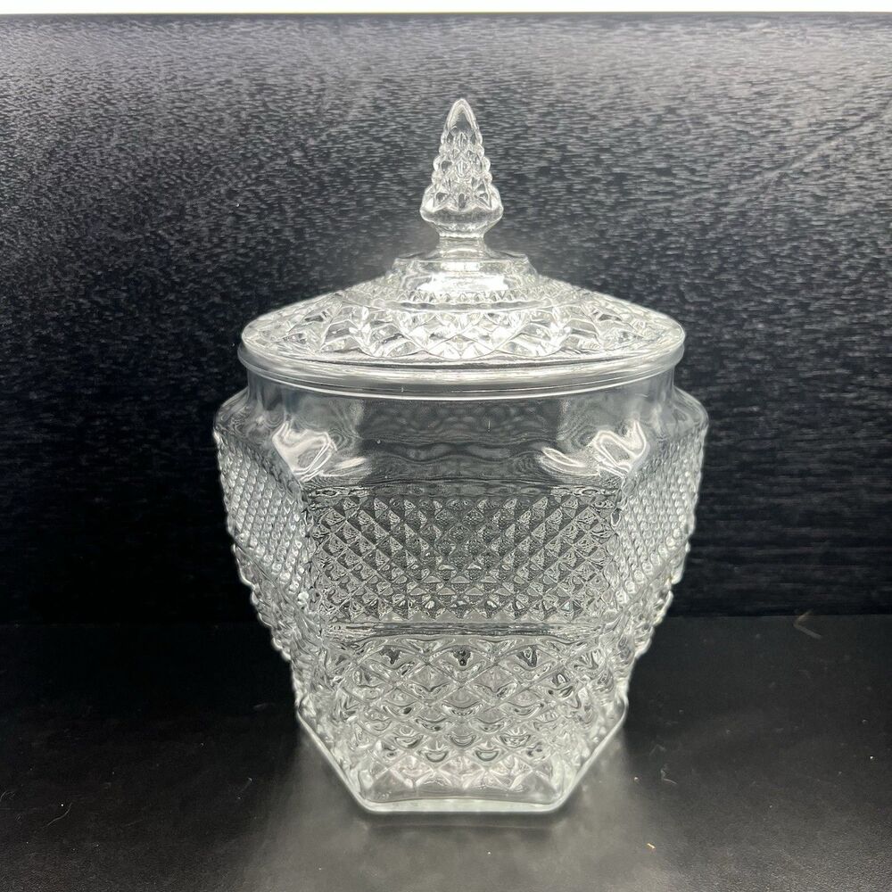 Anchor Hocking Wexford Cookie Jar w/ Lid Cut Glass 1960’s MCM Regency - Picture 1 of 12